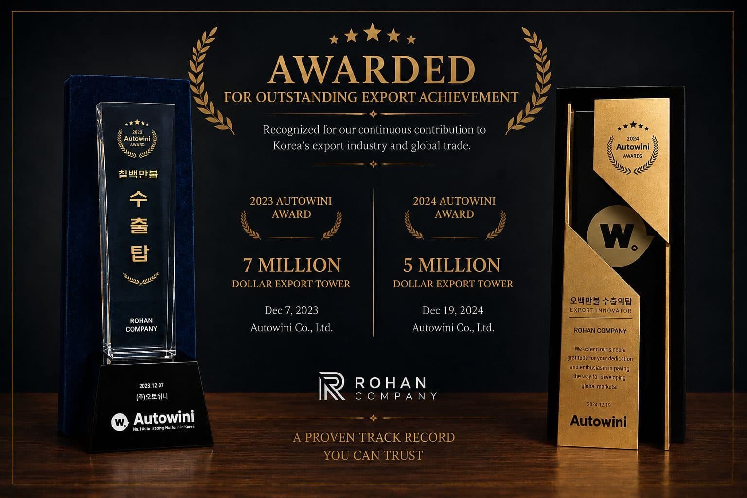 Awarded for outstanding export achievement — the two Export Tower trophies presented to Rohan Company by Autowini: the 2023 award, a seven million dollar Export Tower dated 7 December 2023, and the 2024 award, a five million dollar Export Tower dated 19 December 2024
