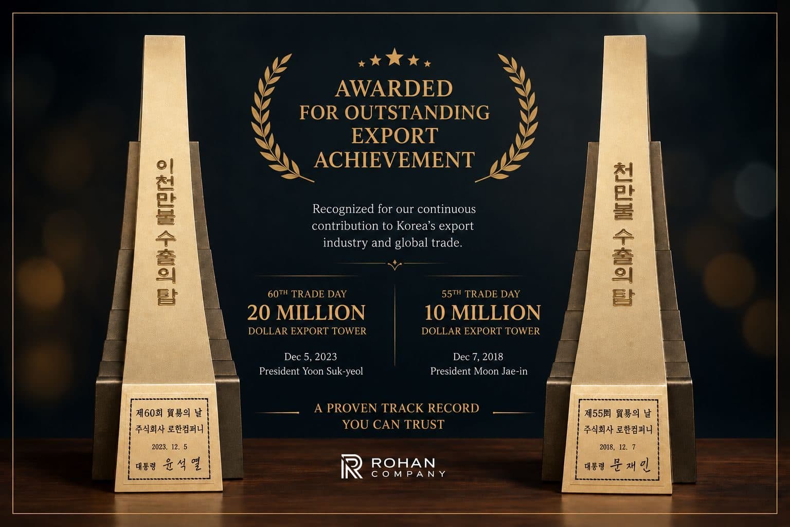 Awarded for outstanding export achievement — the two Export Tower trophies presented to Rohan Company on Trade Day: a twenty million dollar tower at the 60th Trade Day on 5 December 2023, and a ten million dollar tower at the 55th Trade Day on 7 December 2018