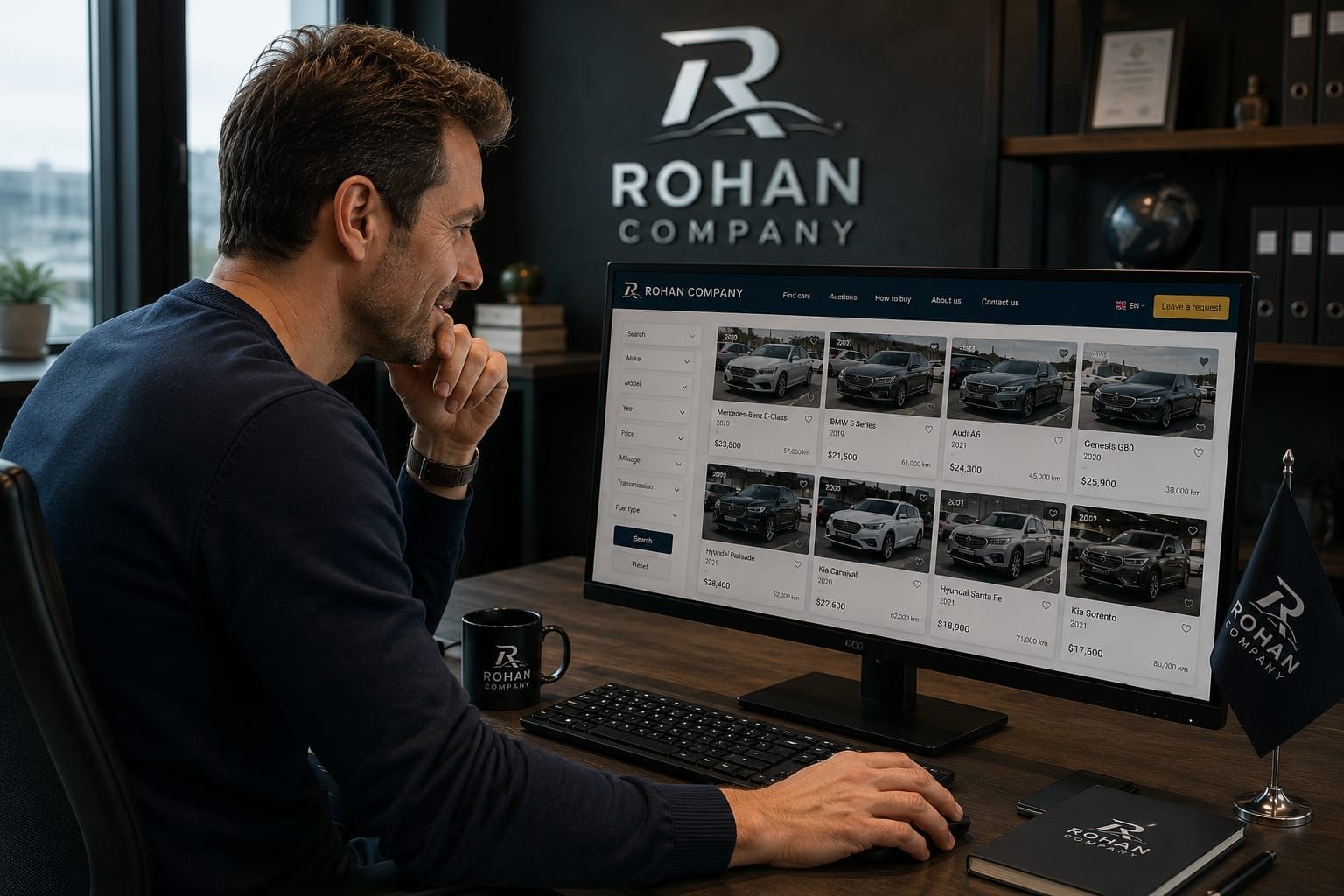 A buyer at a desk looking through a used-car listing page on a widescreen monitor, filters down one side and vehicle tiles across the screen