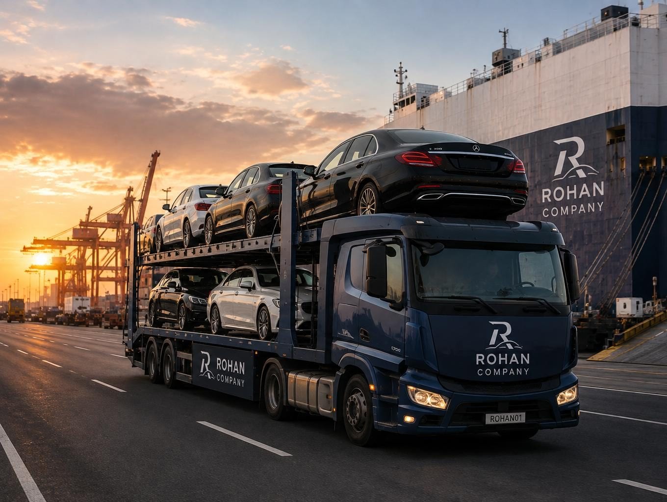 A car transporter loaded with six vehicles driving along a quay at sunset, alongside a moored car carrier