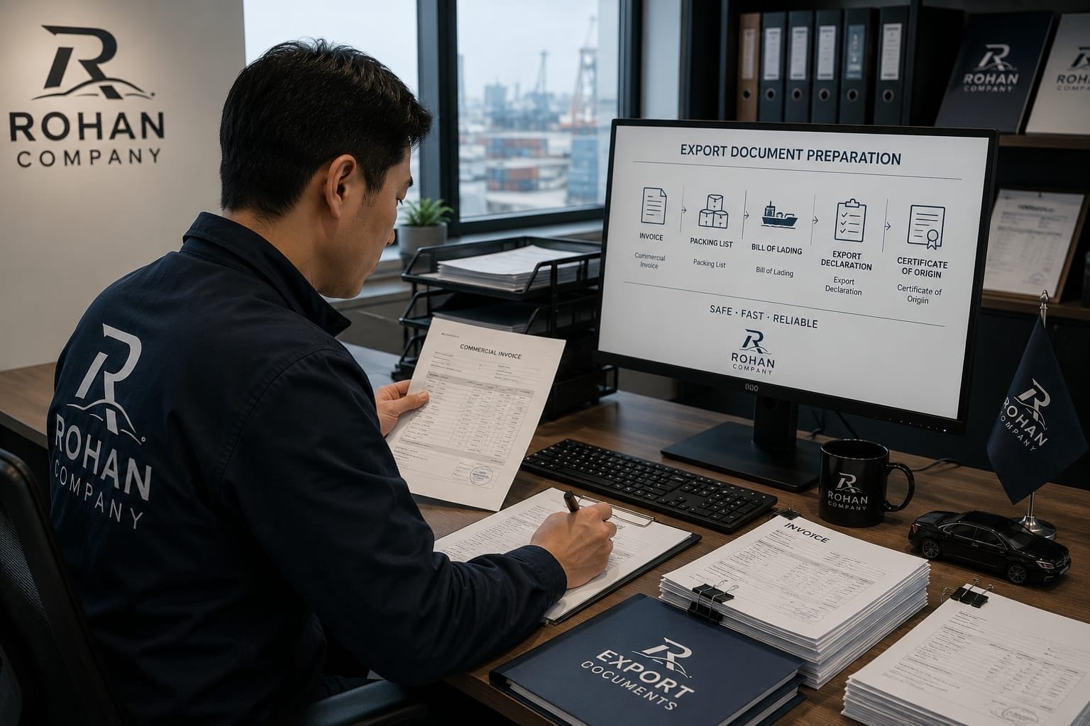 An office worker checking a commercial invoice against a clipboard, stacks of export paperwork on the desk and a document-preparation diagram on the monitor behind