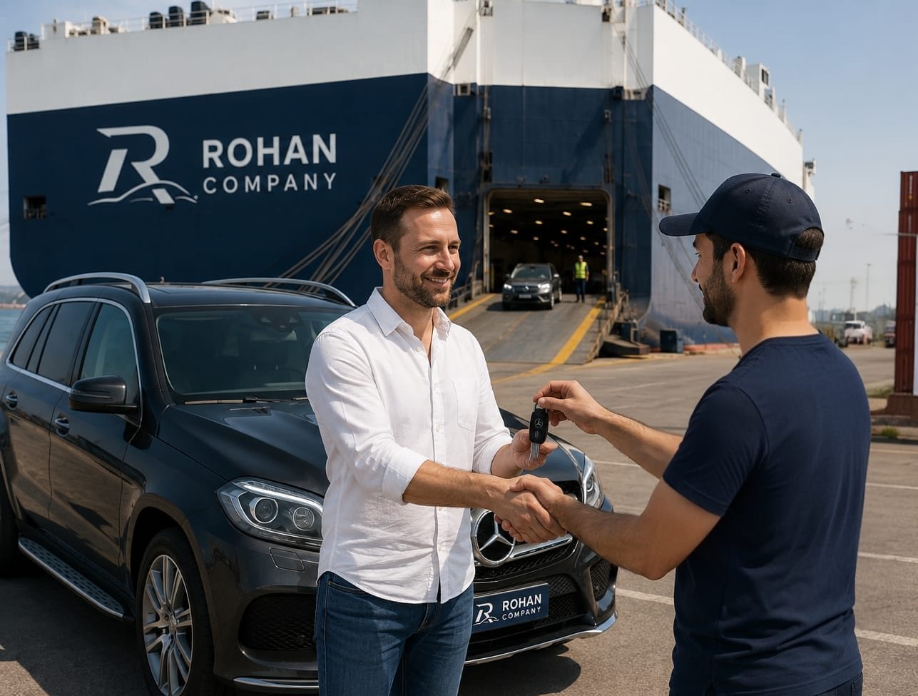 Two people shaking hands over a set of car keys beside an SUV on a quayside, with a roll-on roll-off vessel and its open stern ramp behind them