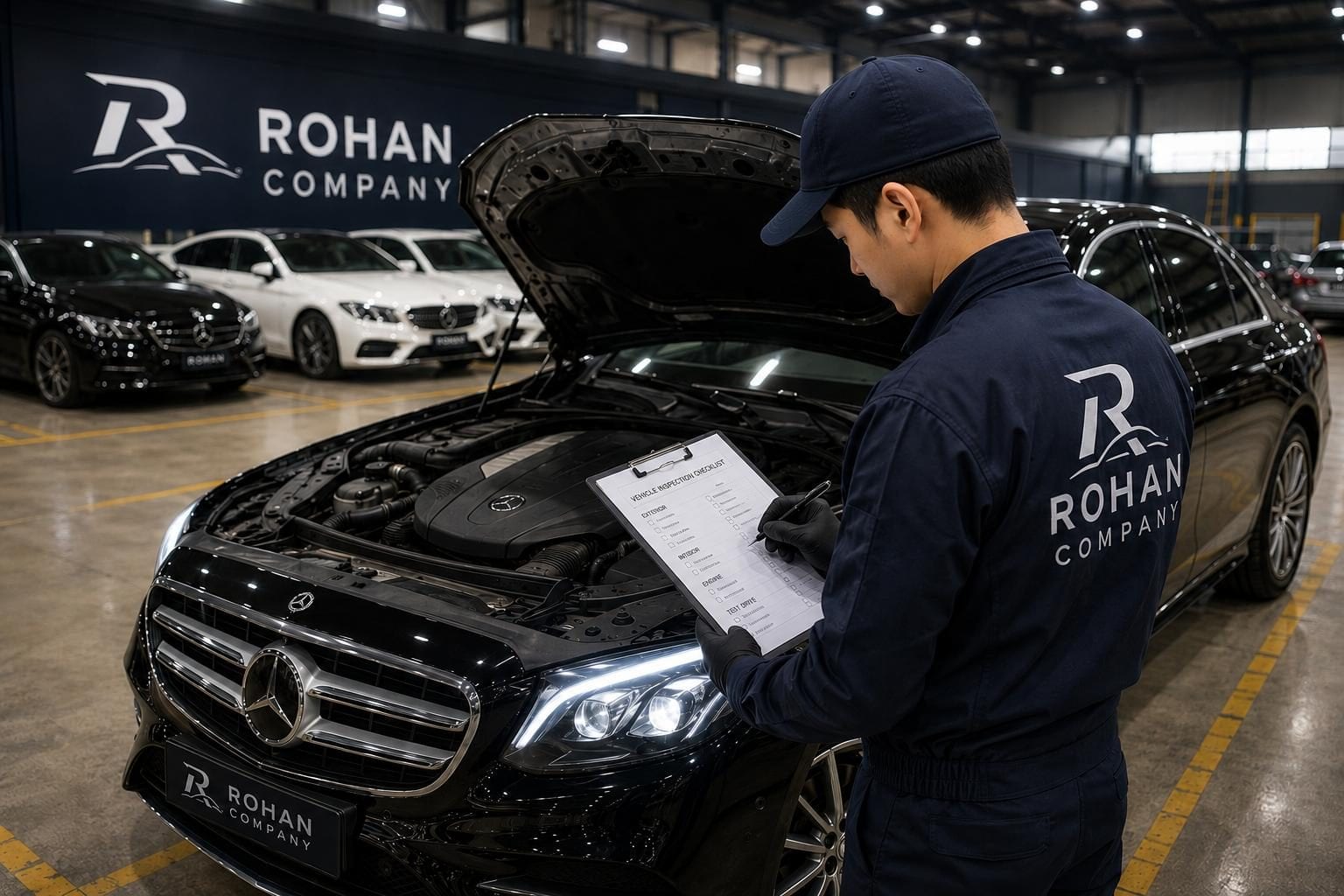 A technician in an inspection bay working through a checklist beside a saloon with its bonnet raised, more cars lined up behind