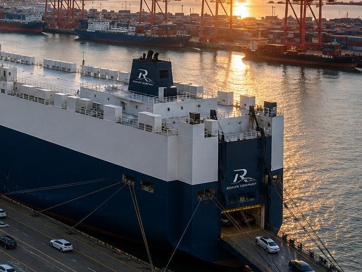 The stern of a roll-on roll-off vessel moored at sunset, its ramp down onto a quay lined with rows of cars waiting to load