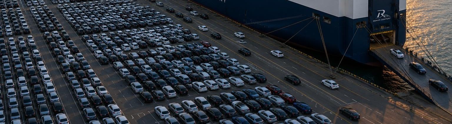 Hundreds of cars parked in rows on a quay beside the stern ramp of a roll-on roll-off vessel