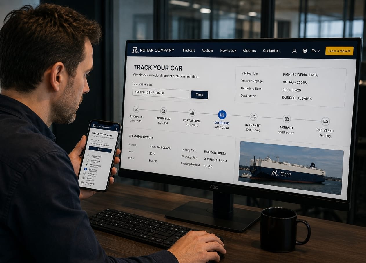 A buyer following a vehicle shipment on a tracking page, the same stages showing on a phone in their hand and on the monitor in front of them